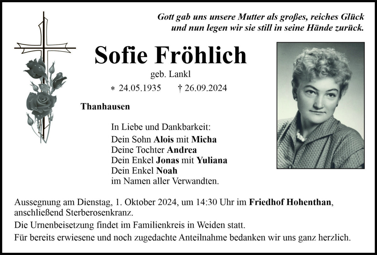 Traueranzeige Sofie Fröhlich, Thanhausen