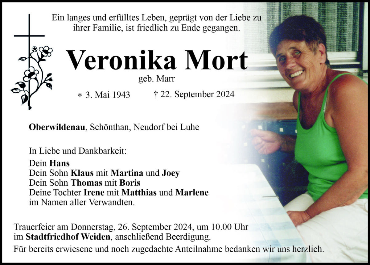 Traueranzeige Veronika Mort, Oberwildenau