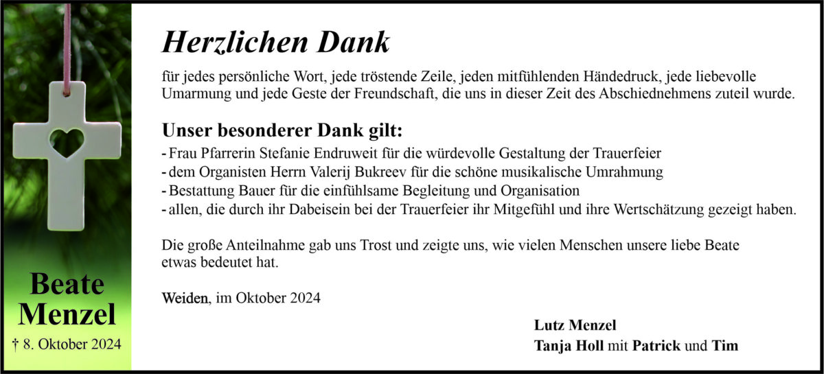 Danksagung Beate Menzel, Weiden