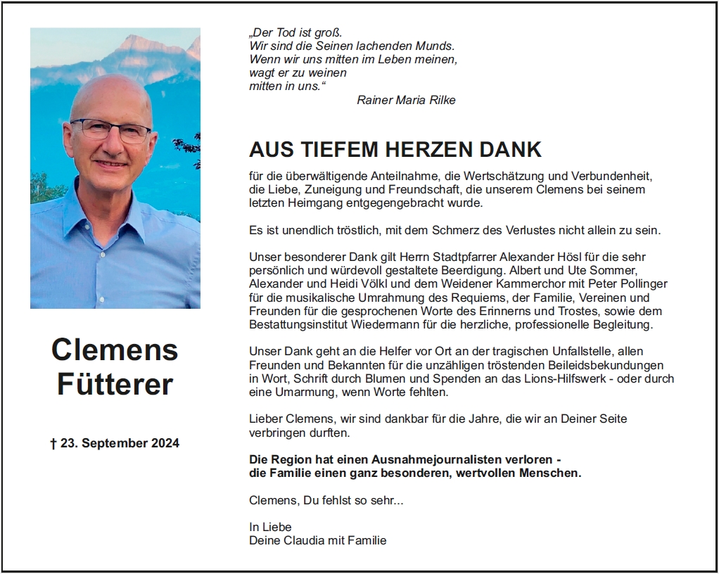 Danksagung Clemens Fütterer, Vohenstrauß