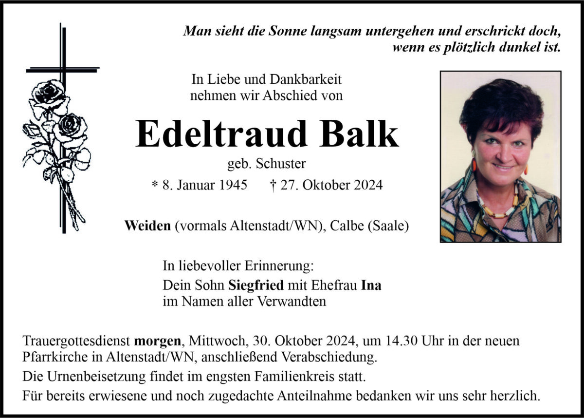 Traueranzeige Edeltraud Balk, Weiden