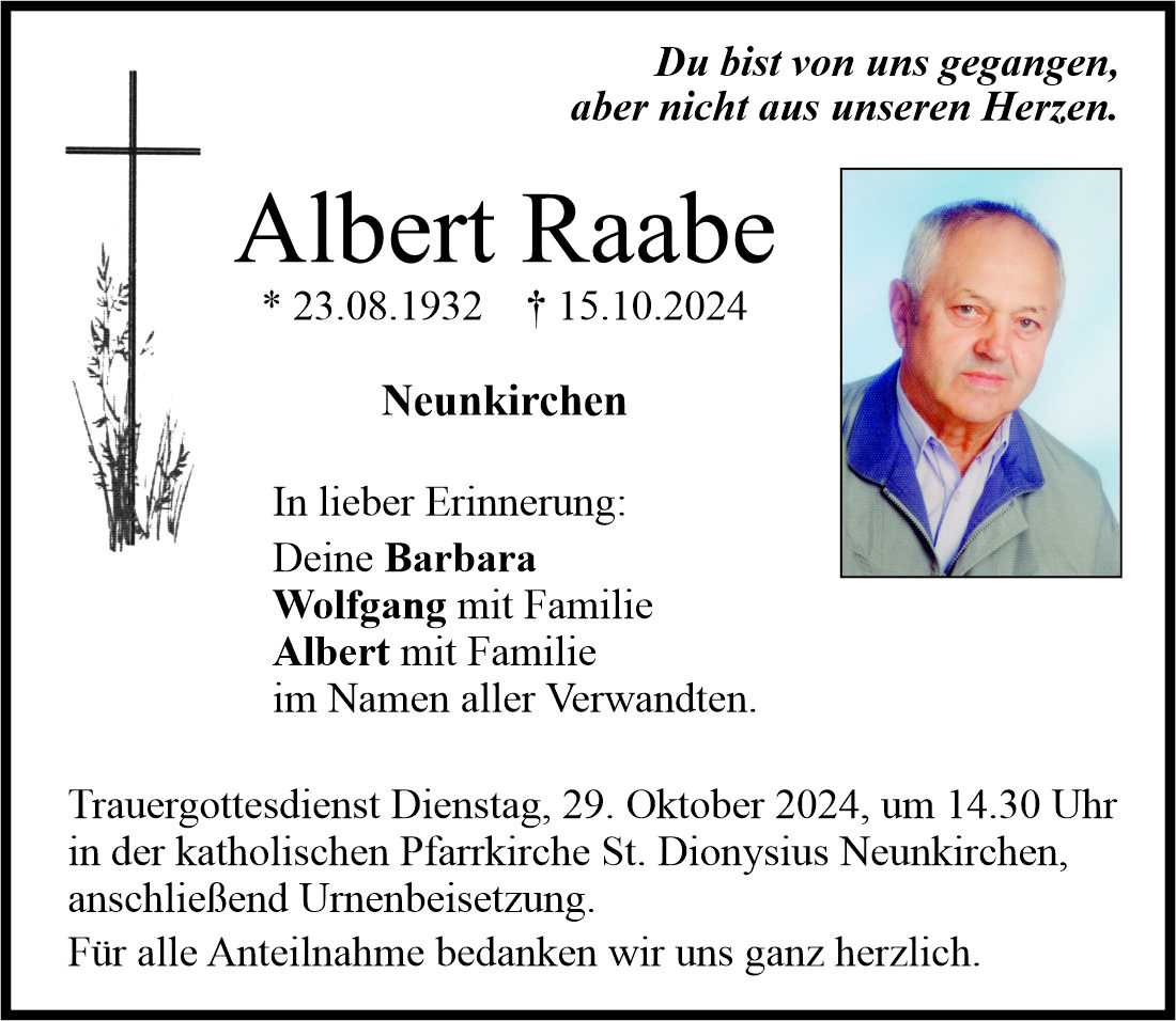Traueranzeige Albert Raabe, Neunkirchen