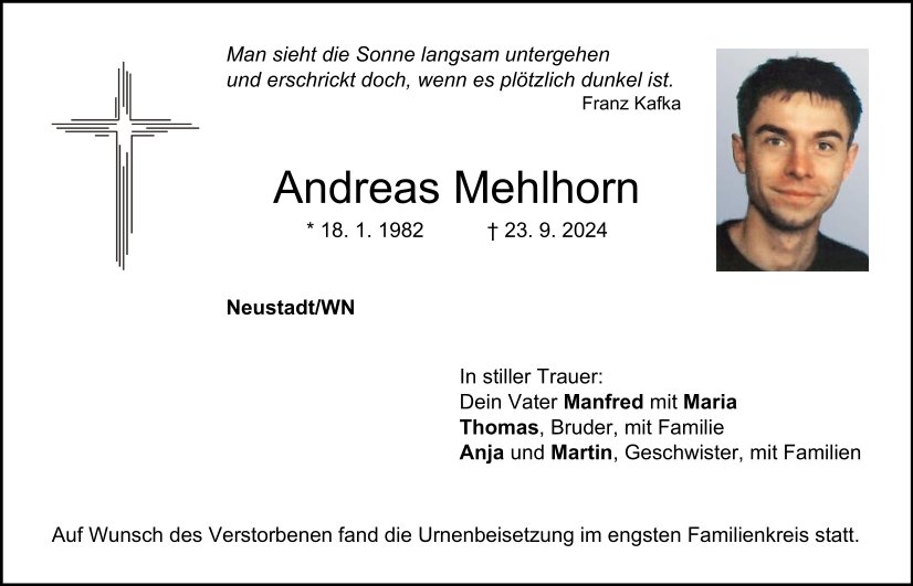 Traueranzeige Andreas Mehlhorn, Neustadt/WN
