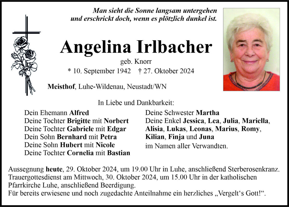 Traueranzeige Angelina Irlbacher, Meisthof
