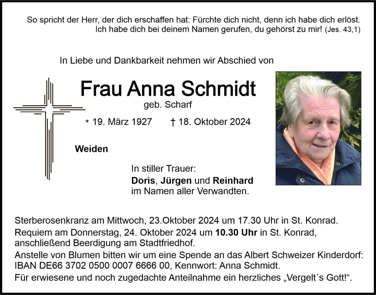 Traueranzeige Anna Schmidt, Weiden