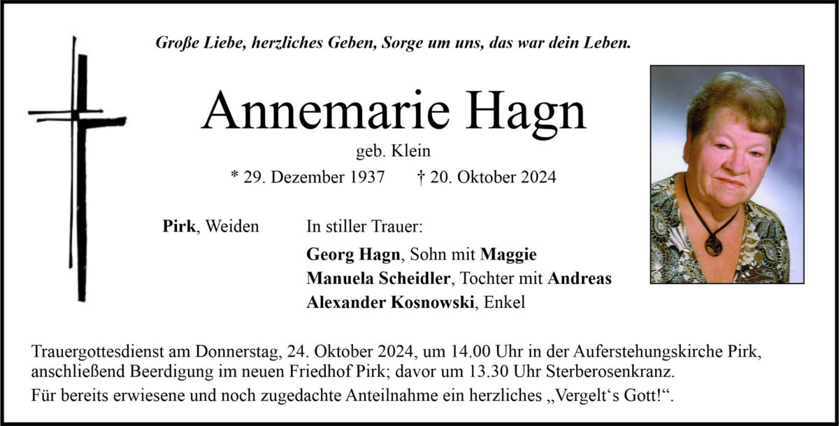 Traueranzeige Annemarie Hagn, Pirk