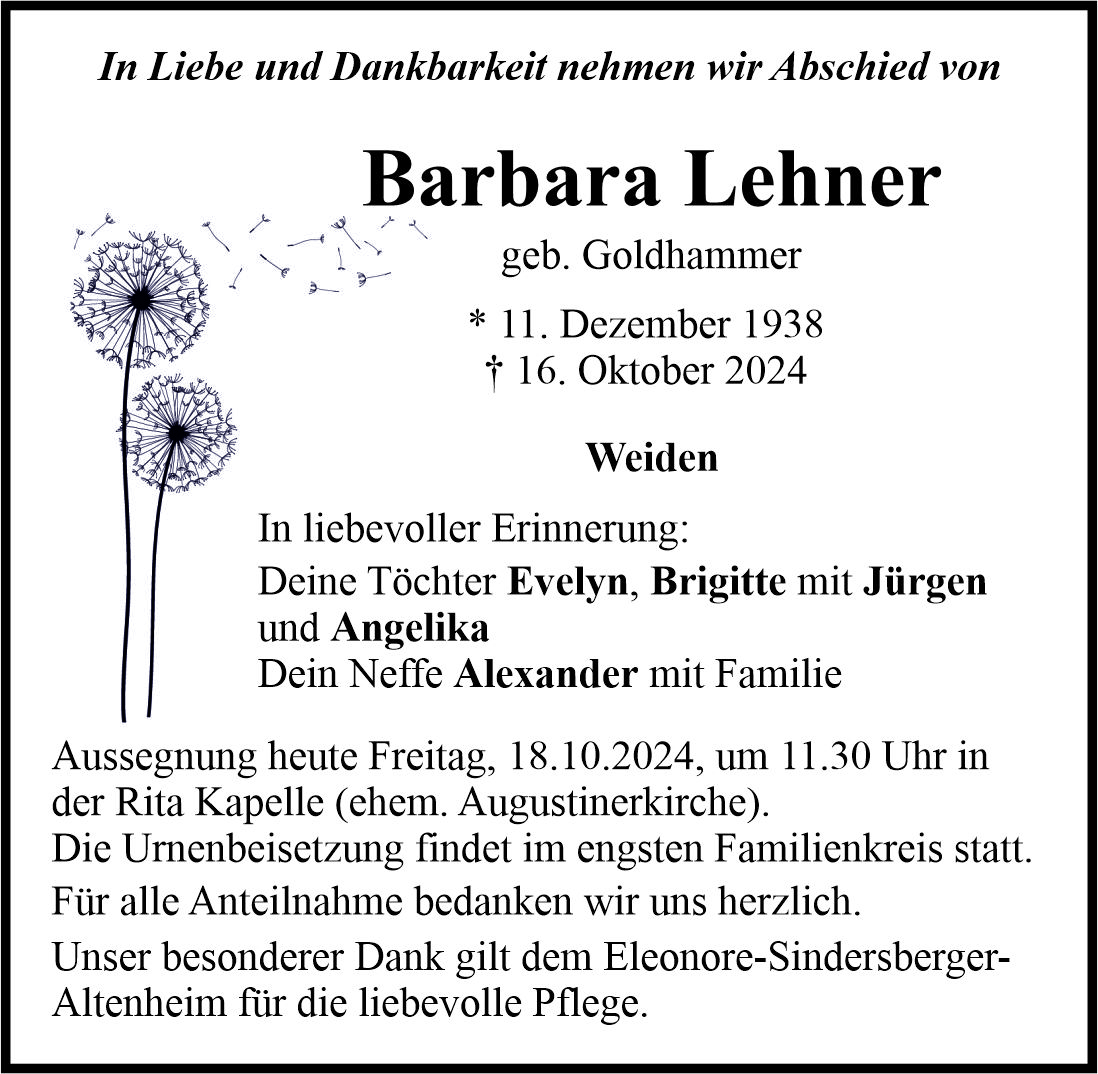 Traueranzeige Barbara Lehner, Weiden