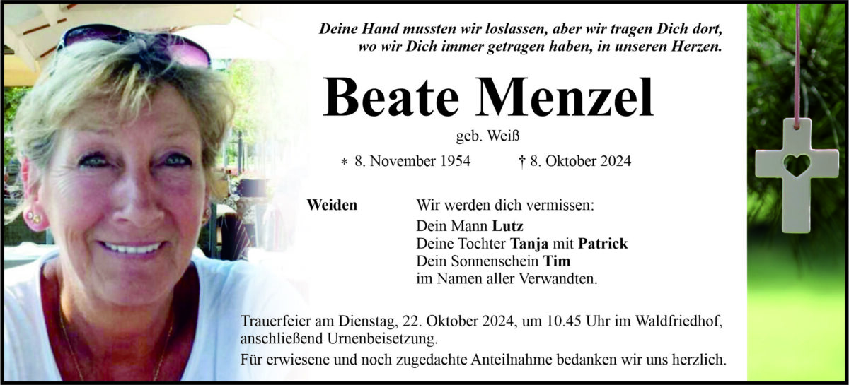 Traueranzeige Beate Menzel, Weiden