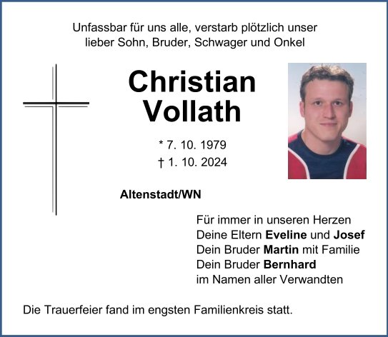 Traueranzeige Christian Vollath, Altenstadt/WN
