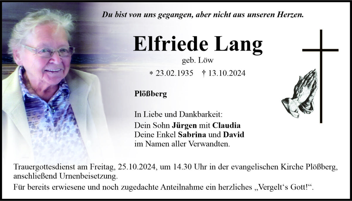 Traueranzeige Elfriede Lang, Plößberg