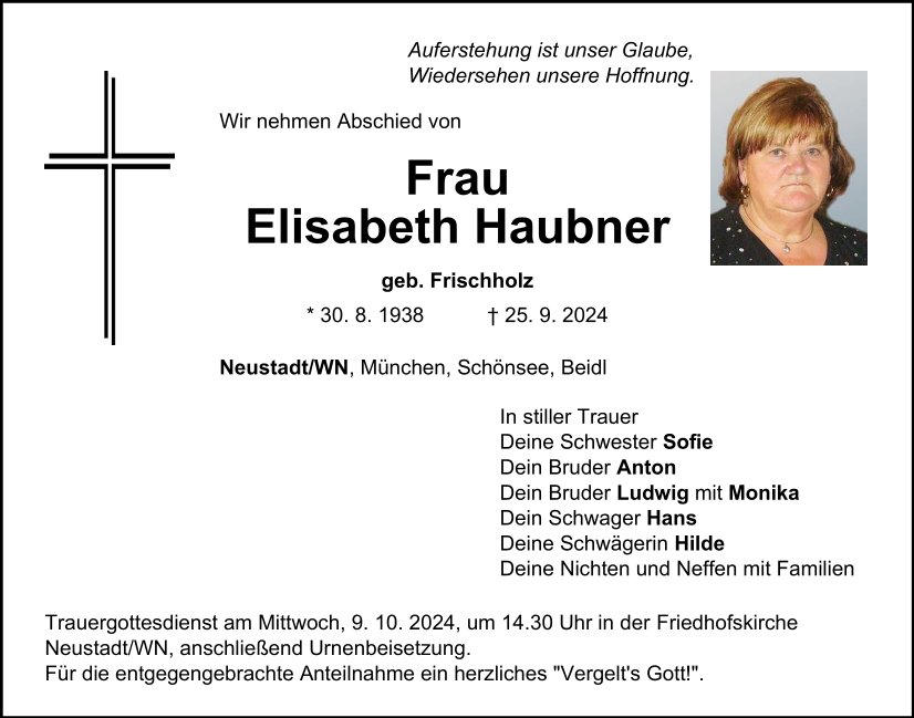 Traueranzeige Elisabeth Haubner, Neustadt/WN