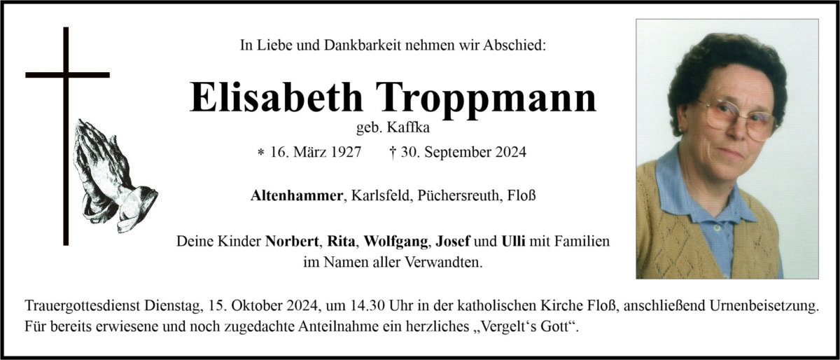Traueranzeige Elisabeth Troppmann, Altenhammer