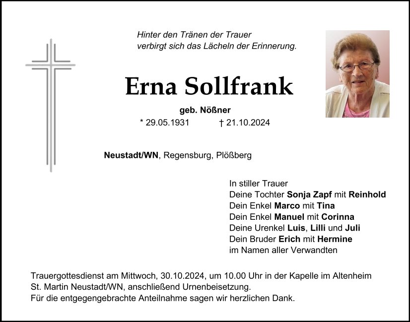 Traueranzeige Erna Sollfrank, Neustadt/WN