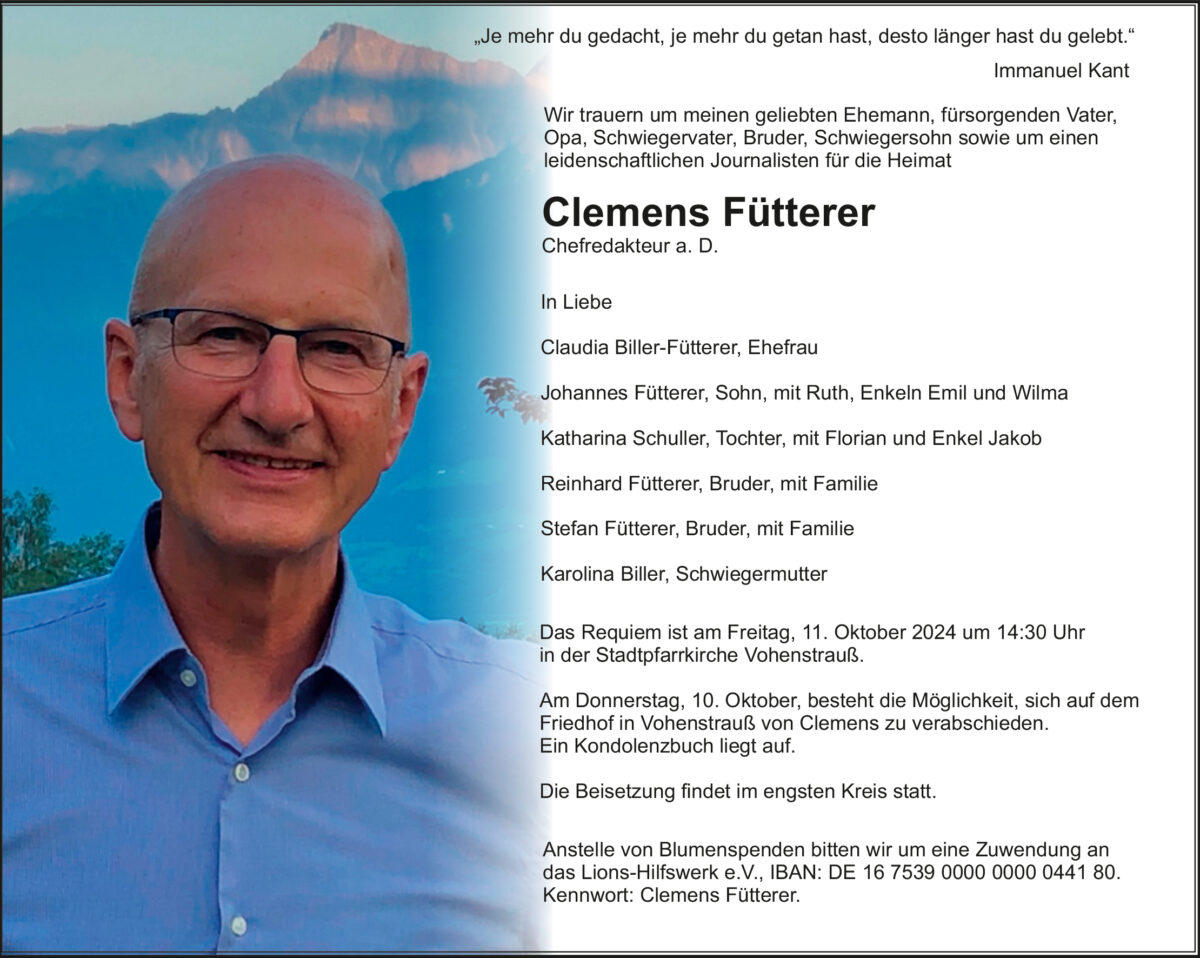 Traueranzeige Clemens Fütterer, Vohenstrauß