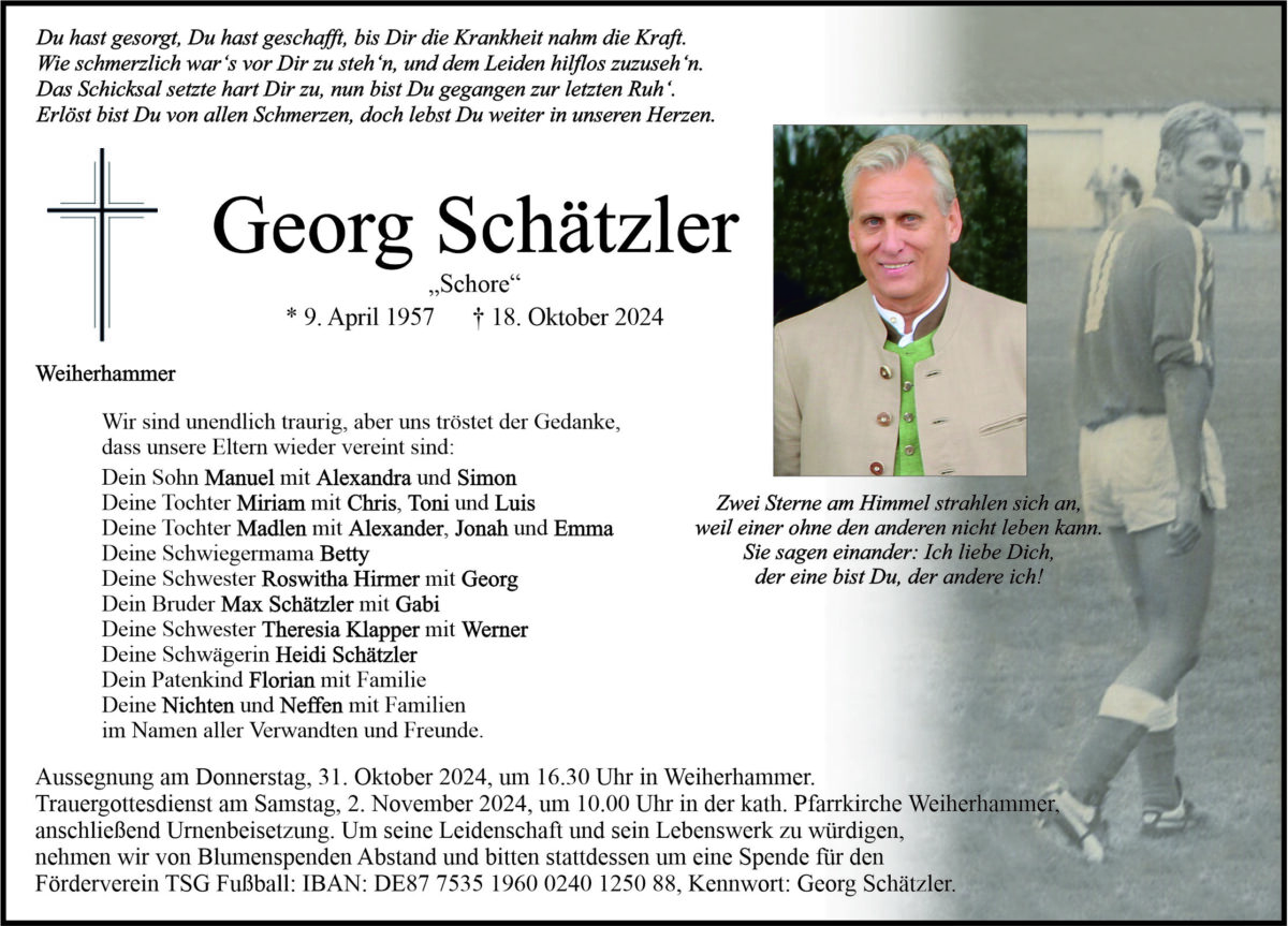 Traueranzeige Georg Schätzler, Weiherhammer