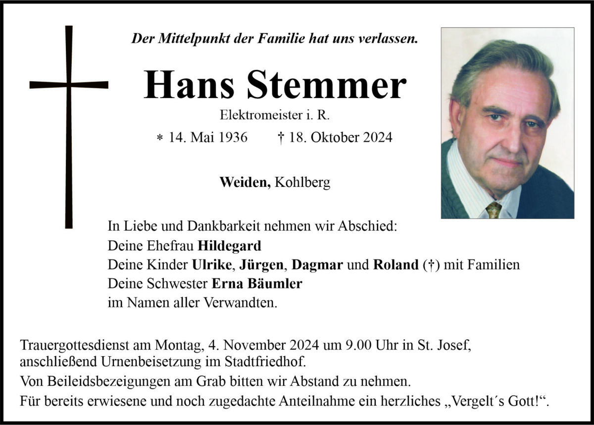 Traueranzeige Hans Stemmer, Weiden