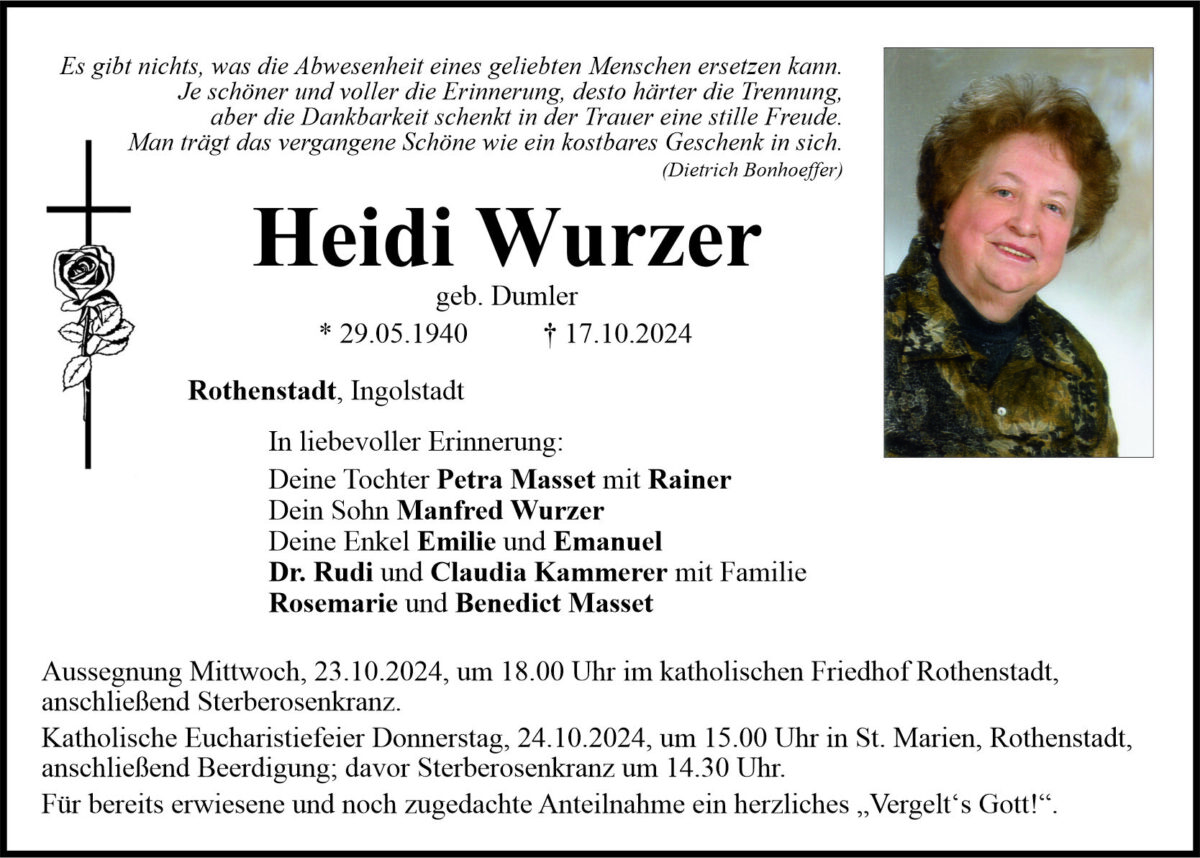 Traueranzeige Heidi Wurzer, Rothenstadt