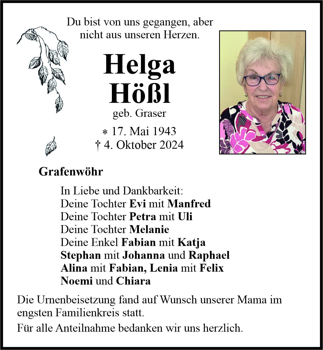 Traueranzeige Helga Hößl, Grafenwöhr