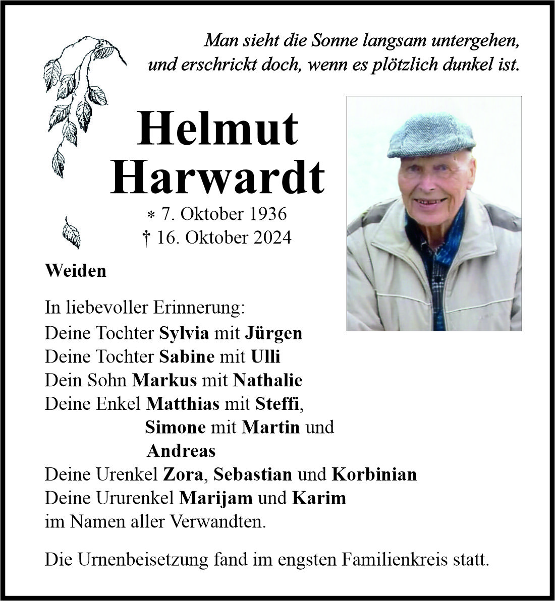 Traueranzeige Helmut Harwardt, Weiden