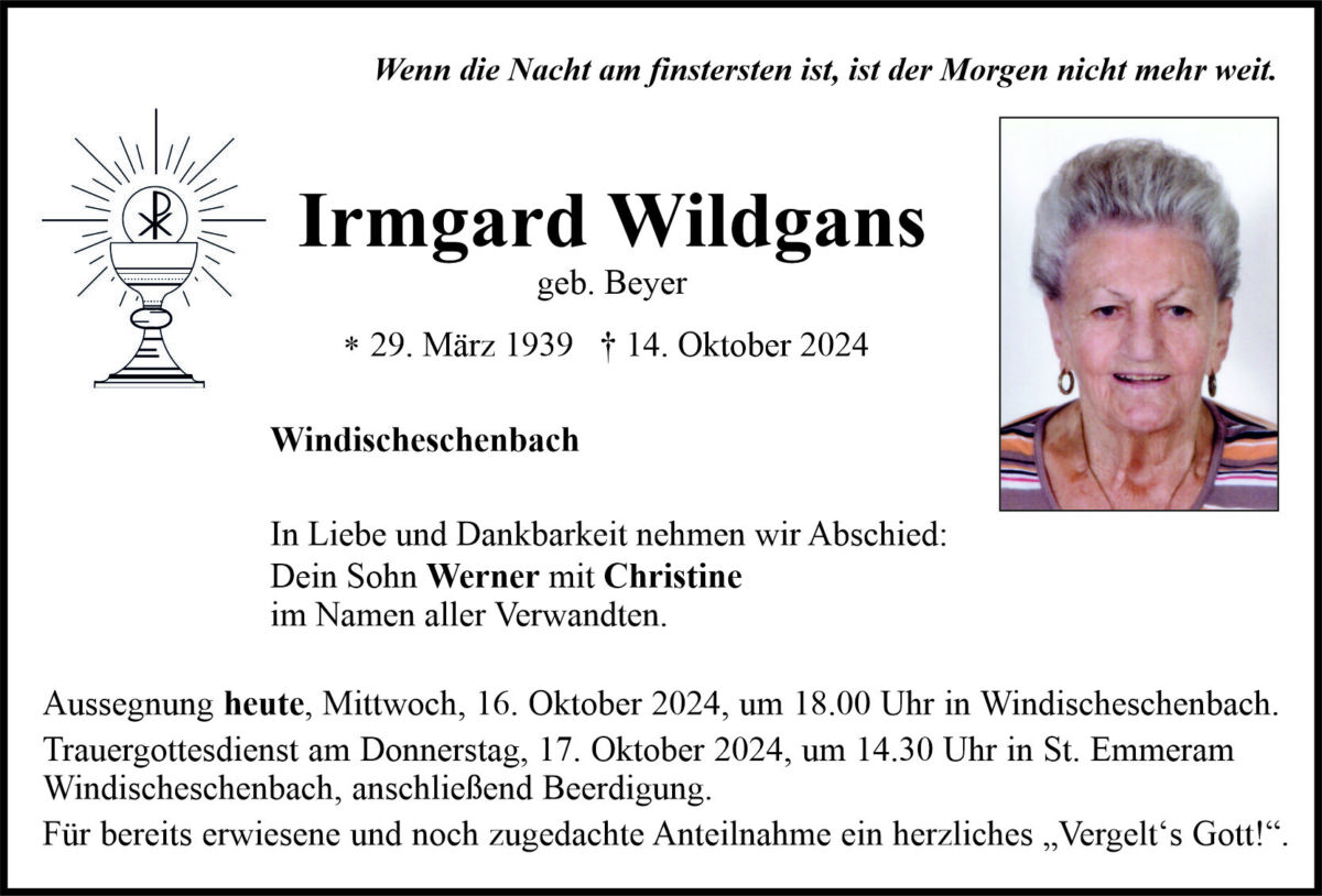 Traueranzeige Irmgard Wildgans, Windischeschenbach