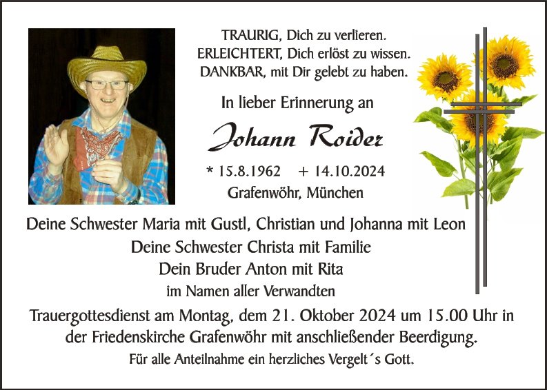 Traueranzeige Johann Roider, Grafenwöhr