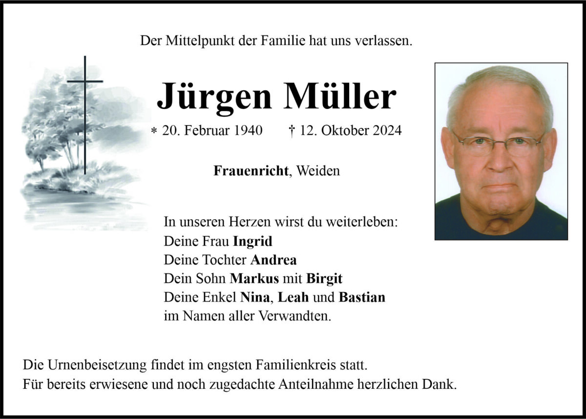 Traueranzeige Jürgen Müller, Frauenricht