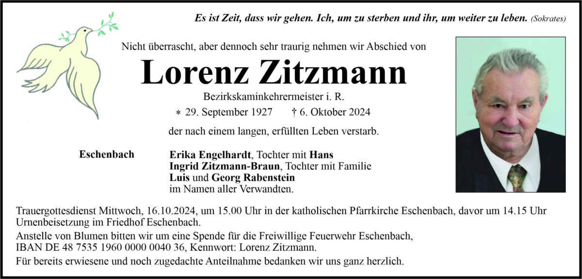 Traueranzeige Lorenz Zitzmann, Eschenbach