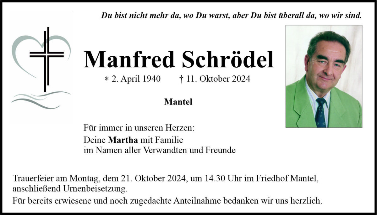 Traueranzeige Manfred Schrödel, Mantel