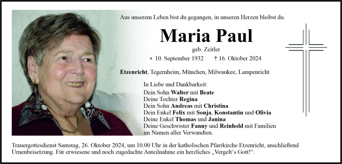 Traueranzeige Maria Paul, Etzenricht