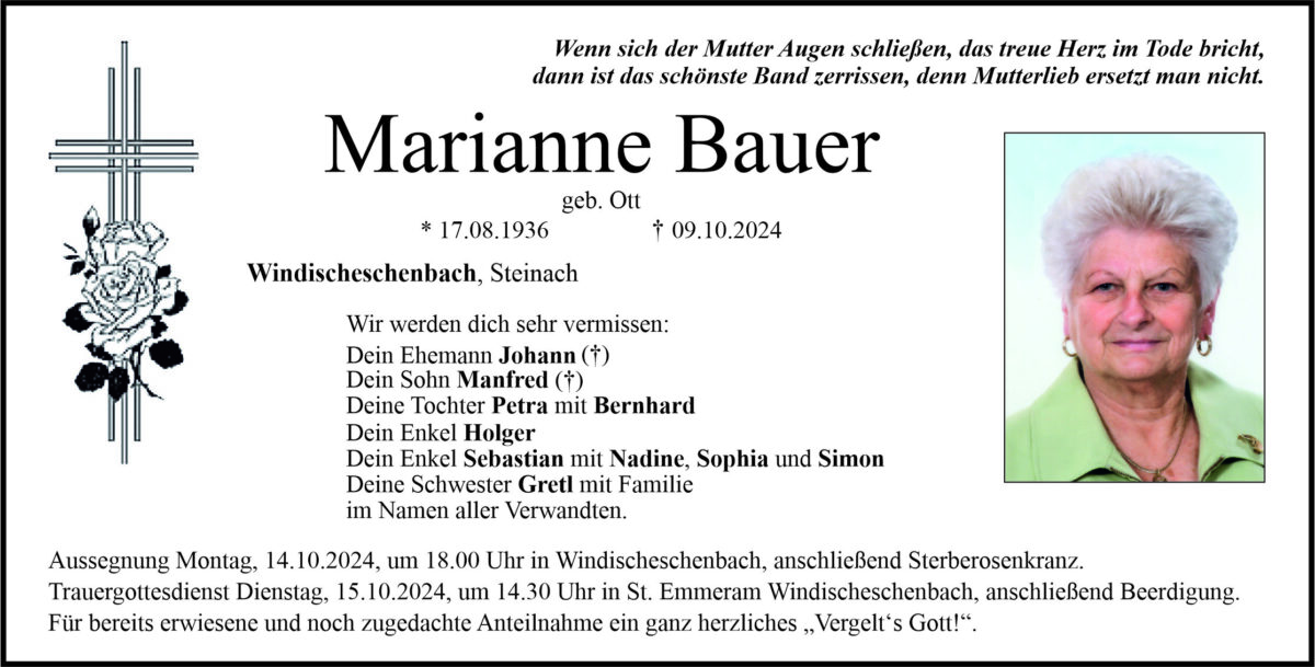 Traueranzeige Marianne Bauer, Windischeschenbach