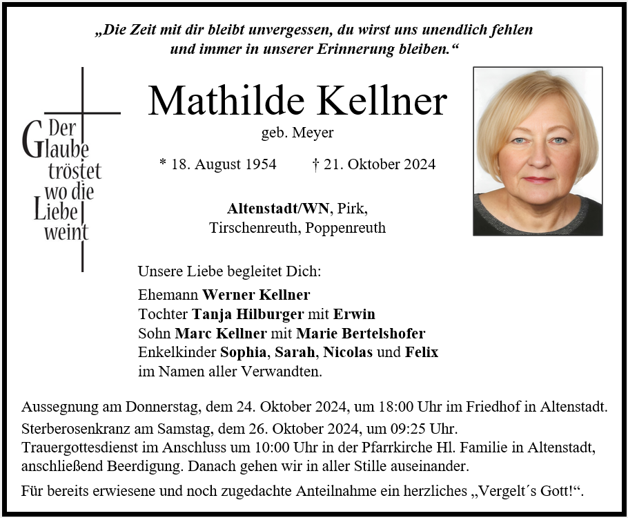 Traueranzeige Mathilde Kellner, Altenstadt/WN
