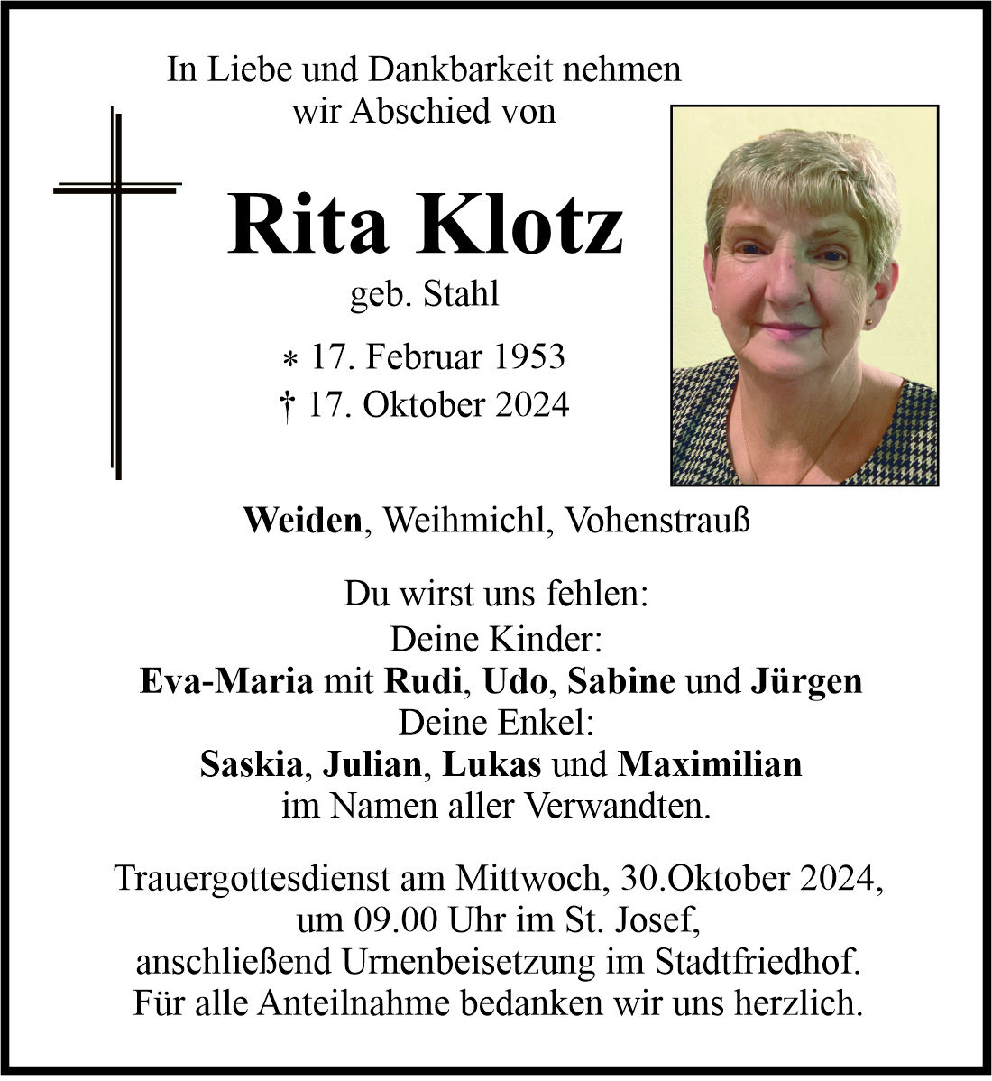 Traueranzeige Rita Klotz, Weiden