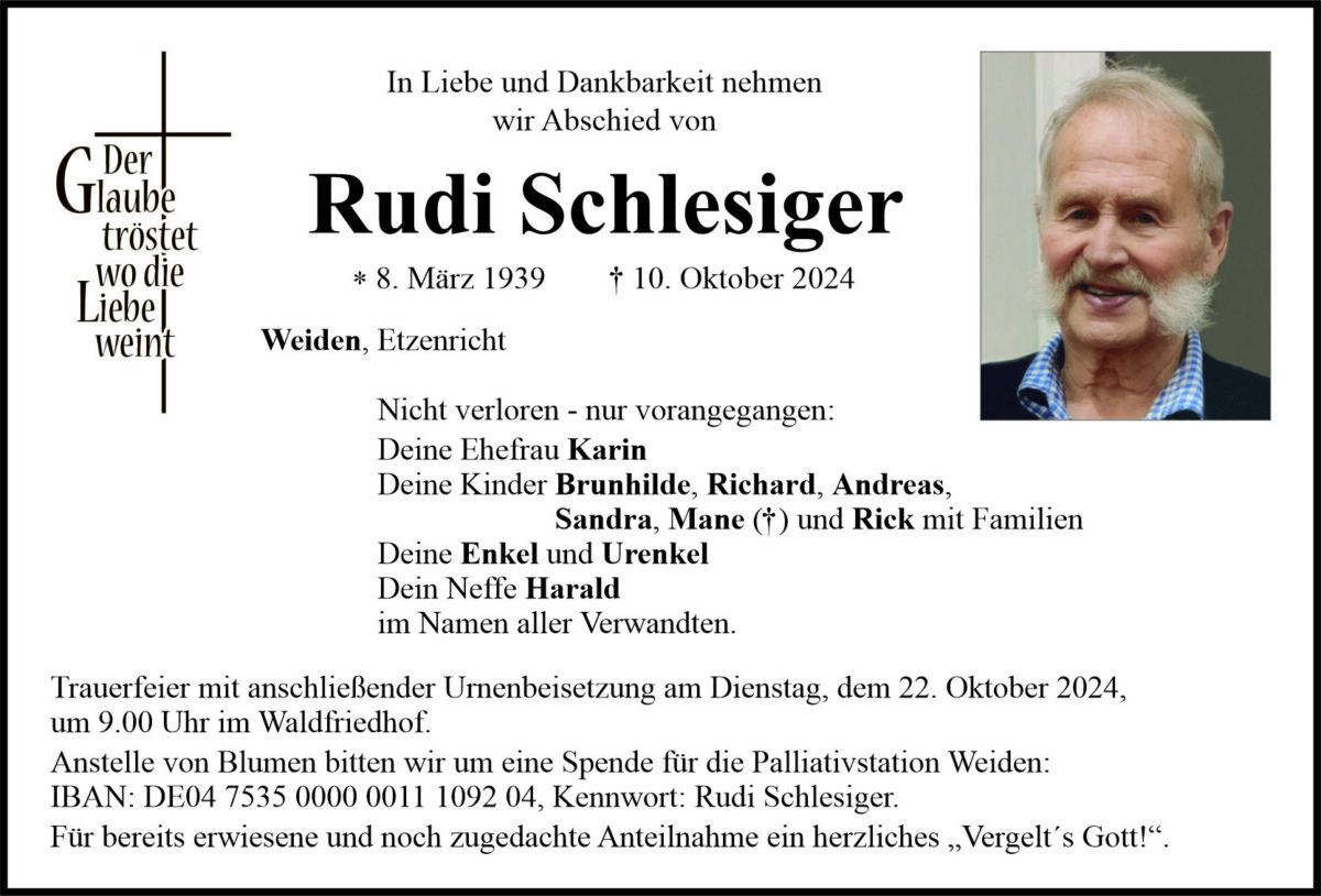 Traueranzeige Rudi Schlesiger, Weiden