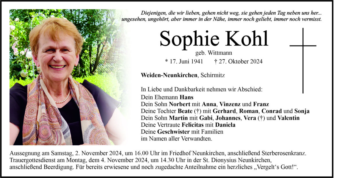 Traueranzeige Sophie Kohl, Weiden-Neunkirchen