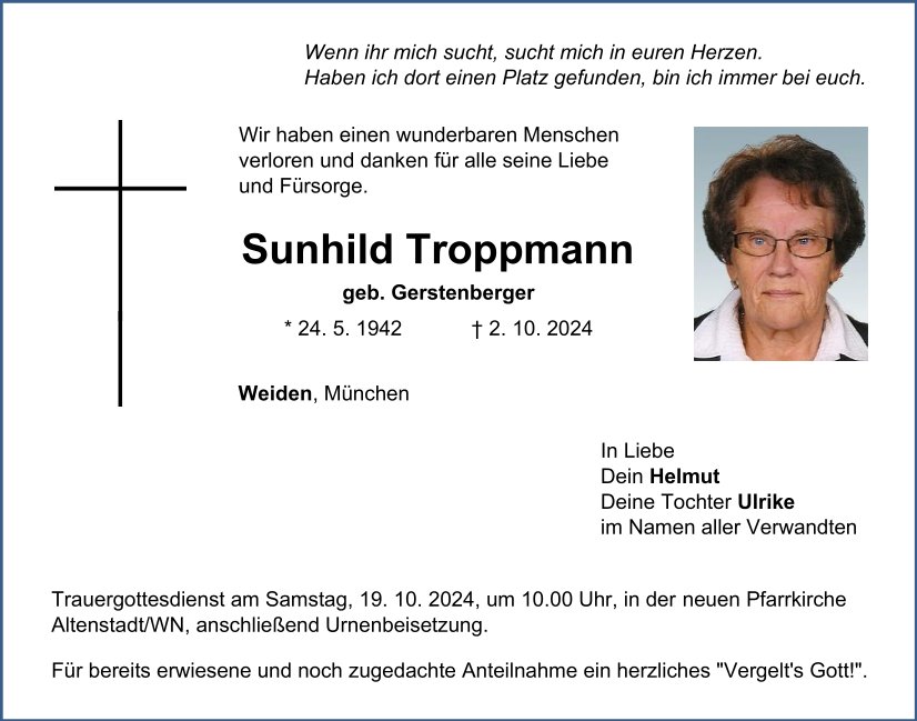 Traueranzeige Sunhild Troppmann, Weiden.