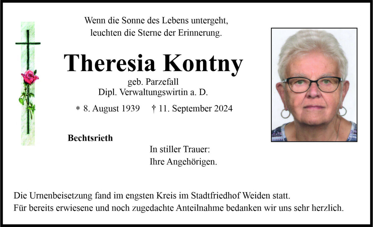 Traueranzeige Theresia Kontny, Bechtsrieth