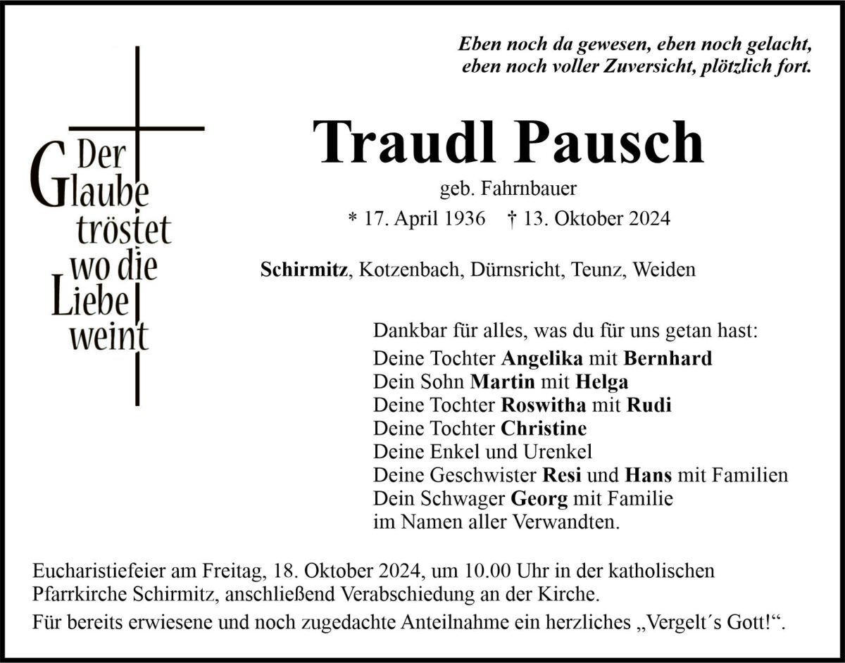 Traueranzeige Traudl Pausch, Schirmitz