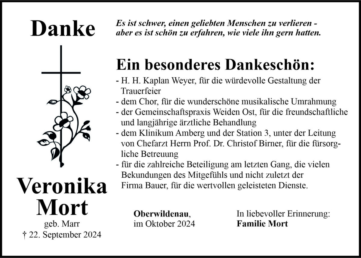 Danksagung Veronika Mort, Oberwildenau