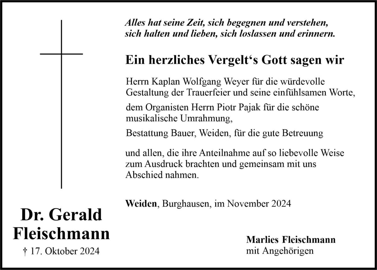 Danksagung Dr. Gerald Fleischmann, Weiden