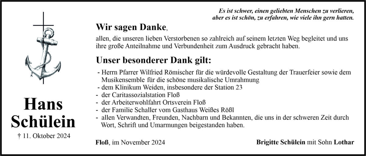 Danksagung Hans Schülein, Floß