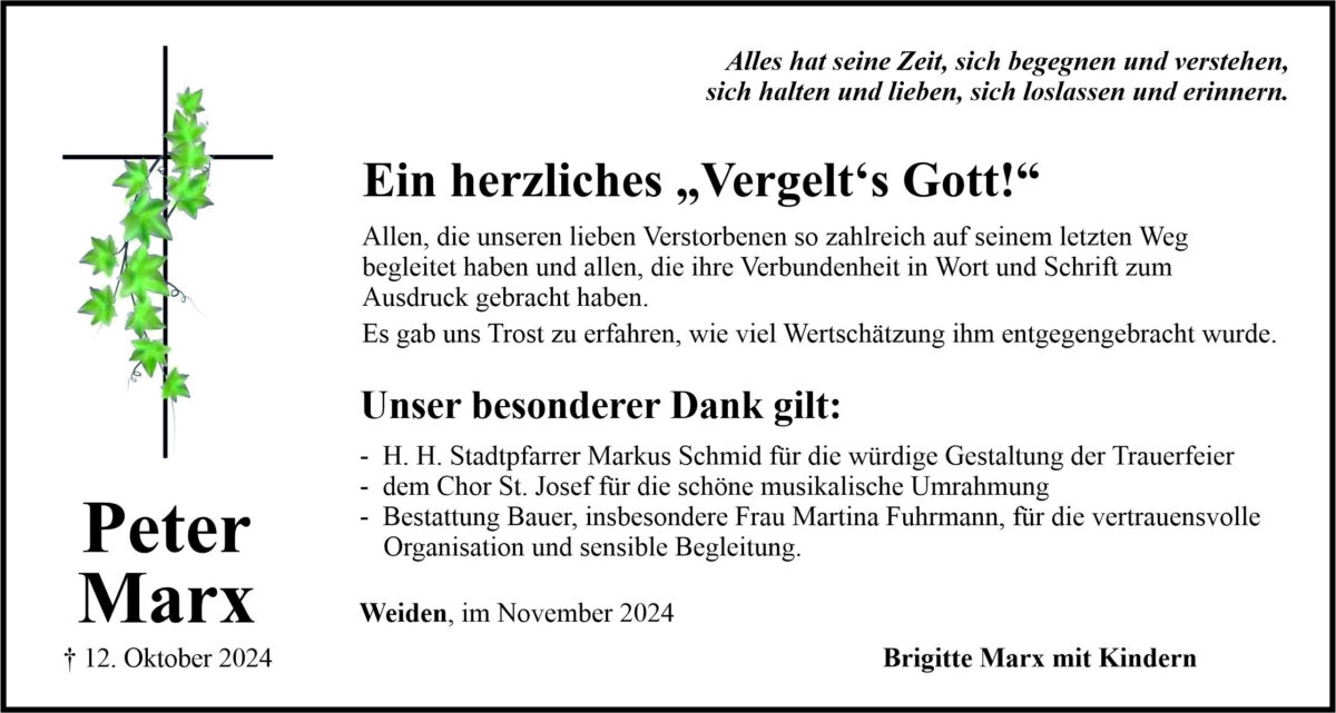 Danksagung Peter Marx, Weiden