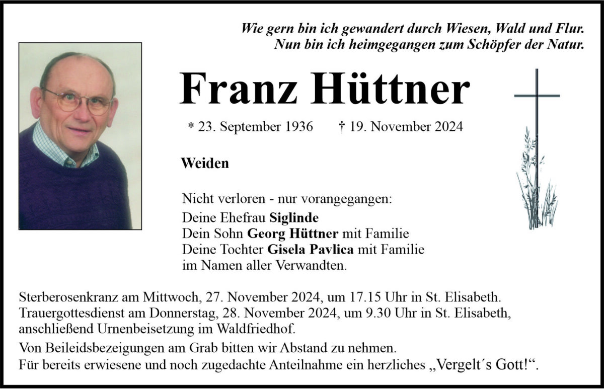 Traueranzeige Franz Hüttner, Weiden
