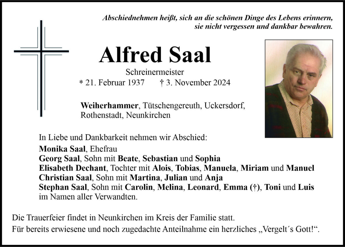 Traueranzeige Alfred Saal, Weiherhammer