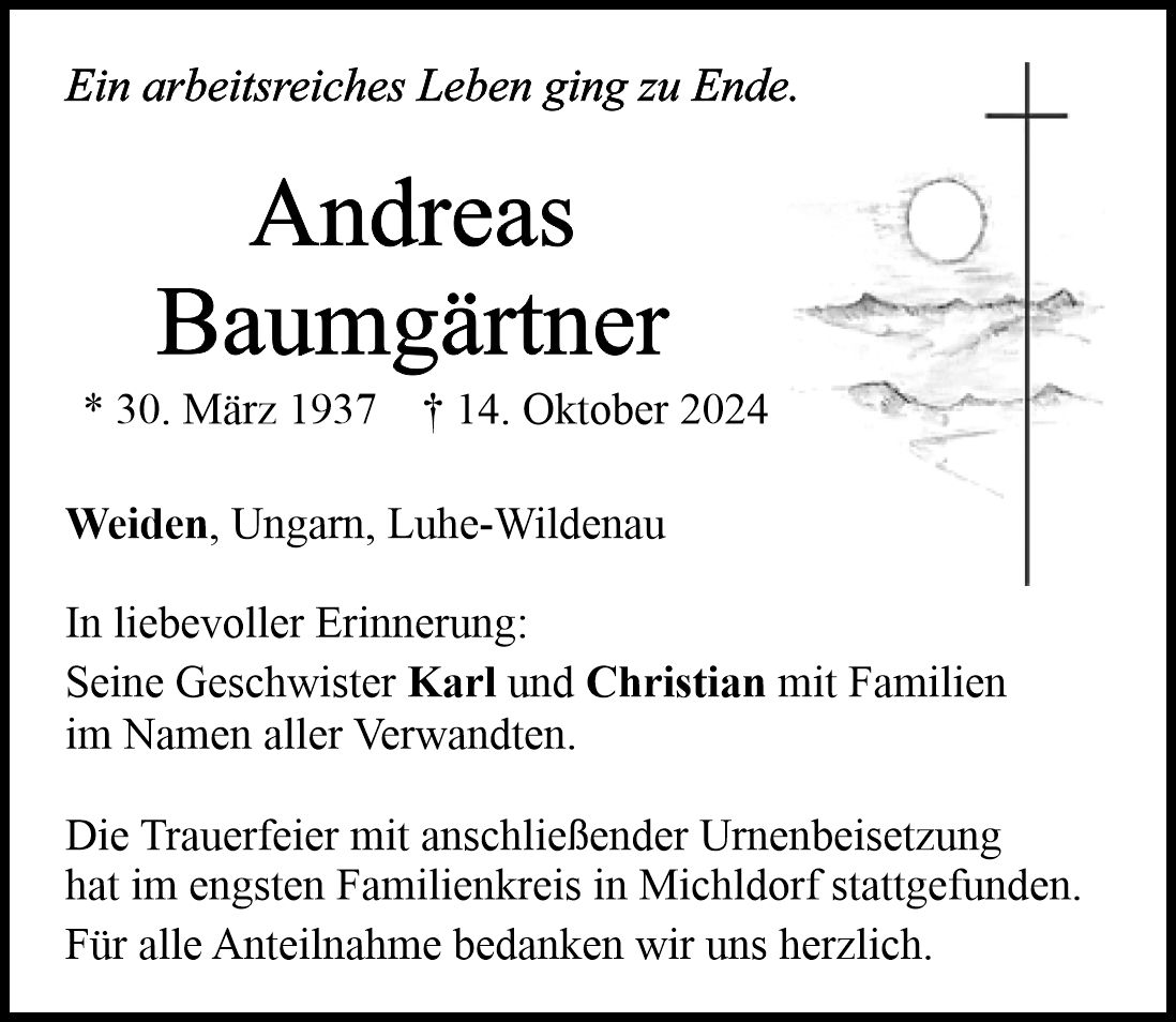 Traueranzeige Andreas Baumgärtner, Weiden
