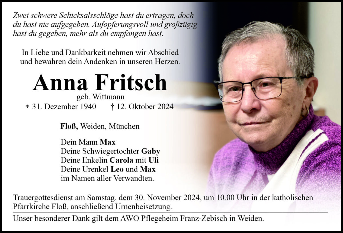 Traueranzeige Anna Fritsch, Floß