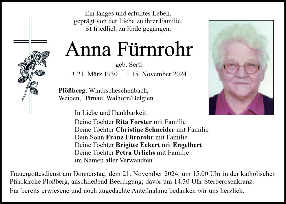 Traueranzeige Anna Fürnrohr, Plößberg
