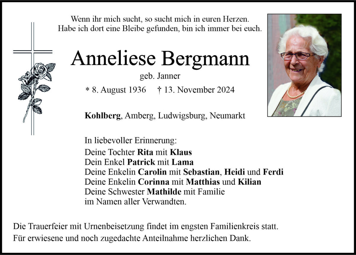 Traueranzeige Anneliese Bergmann, Kohlberg