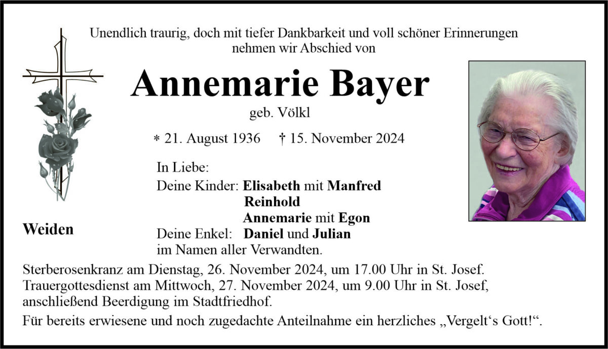 Traueranzeige Annemarie Bayer, Weiden