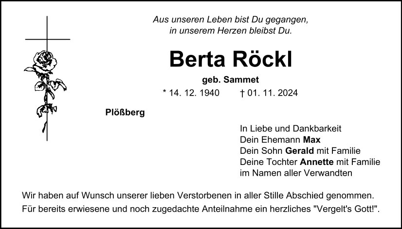 Traueranzeige Berta Röckl, Plößberg.