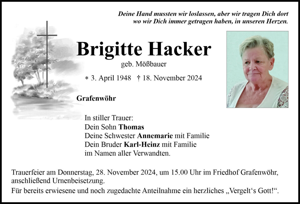 Traueranzeige Brigitte Hacker, Grafenwöhr